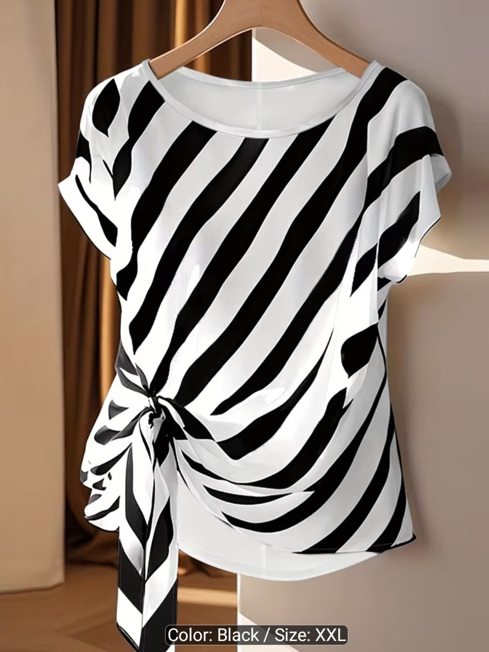 Women's Black & White Striped Tie-Hem Top - Picture 3 of 3